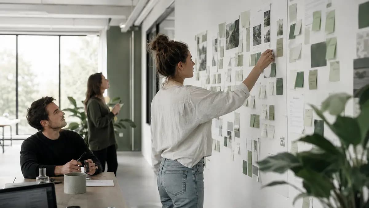 Team werkt samen aan een aanpak op een wand vol notities